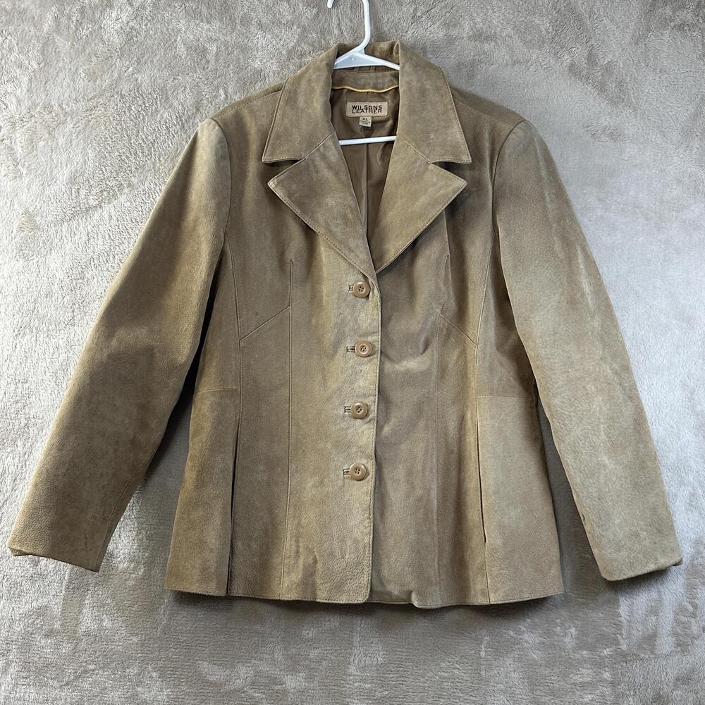 Wilsons Leather Blazer Womens XL Brown Suede Button Front Mid Length Jacket